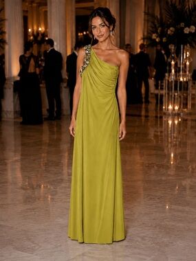 Mignon One-Shoulder Chartreuse Evening Gown - Sz. 4